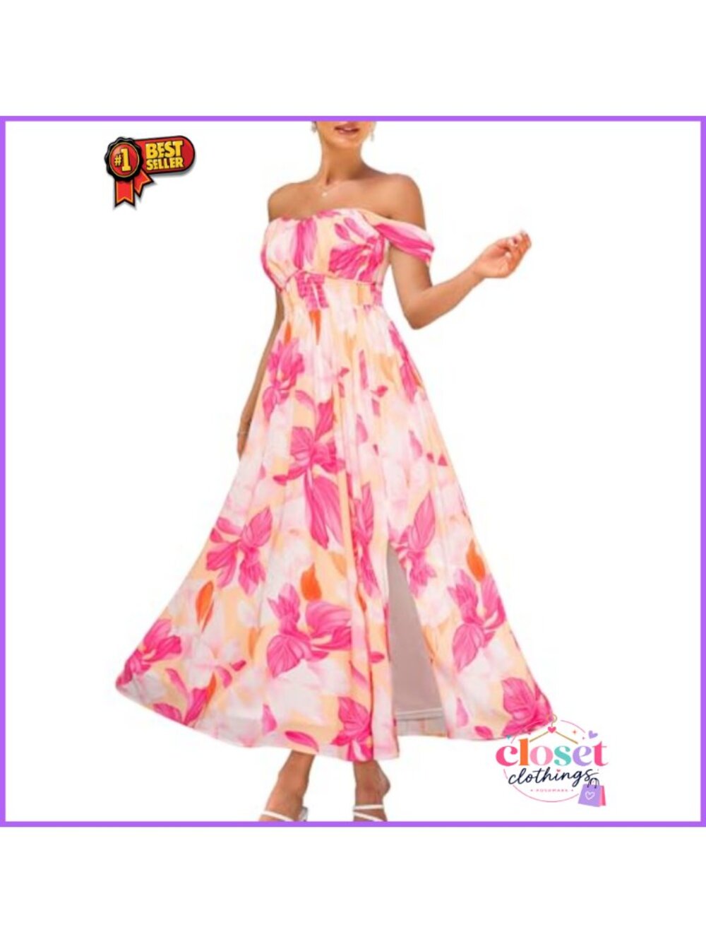 Women's Floral Chiffon A-Line Maxi Dress Off Shoulder Wedding Guest